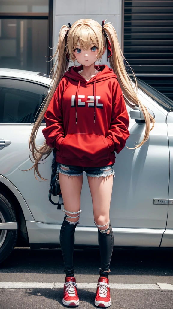 solo, 1 girls, blonde, twin tail hari, ripped jeans, long jeans, black and red hoodie, oversized hoodie, red and black hoodie, shoes sport