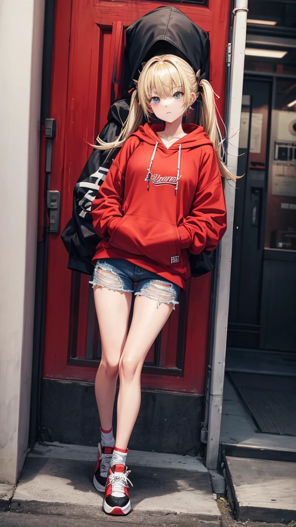 solo, 1 girls, blonde, twin tail hari, ripped jeans, long jeans, black and red hoodie, oversized hoodie, red and black hoodie, shoes sport
