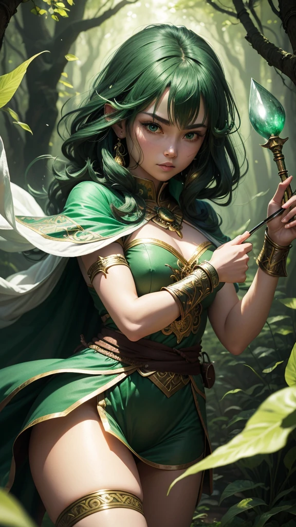 Tall elf  with black hair and green eyes, richly dressed with a staff