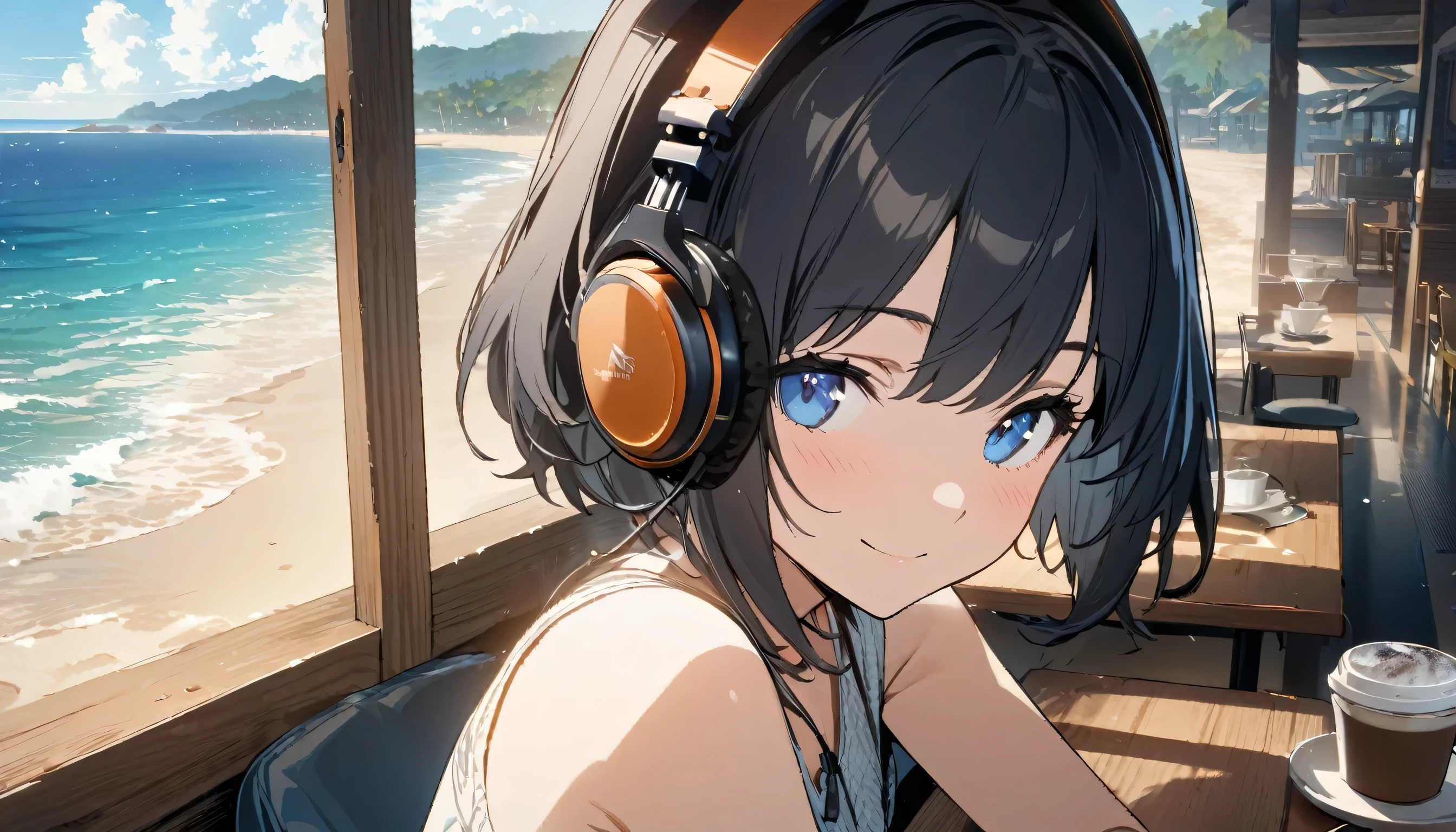 1girl, solo, gentle smile on her face flat chest, short hair, black hair, upper body, with blue eyes (detailed blue eyes)((masterpiece, illustration, best quality)) ((best quality)) In a beach coffee shop with her headphones on, se has a view of the coastline of the beach and the ocean while having some coffee