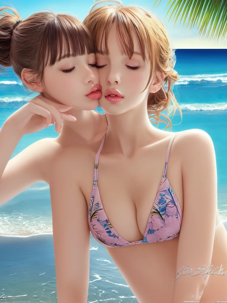 masutepiece, Best Quality, Illustration, Ultra-detailed, finely detail, hight resolution, 8K Wallpaper, Perfect dynamic composition, Beautiful detailed eyes, Swimsuit, Natural Color Lip,Beach, Random and cute poses, Kissing face,Close your eyes,Kiss the viewer,Perfect and beautiful face,Cute