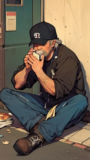 homeless man eating while sitting on the floor comic book illustration