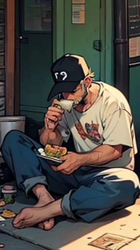 homeless man eating while sitting on the floor comic book illustration