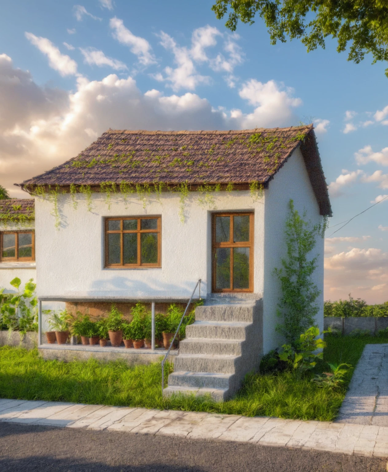 Masterpiece, high quality, best quality, authentic, super detail, outdoors, house style modern, bietthuhn, white wall, glass windows, gate road, pavement, grass, trees, Beautiful_sky, SUNSET, (day:1.1), realistic lighting