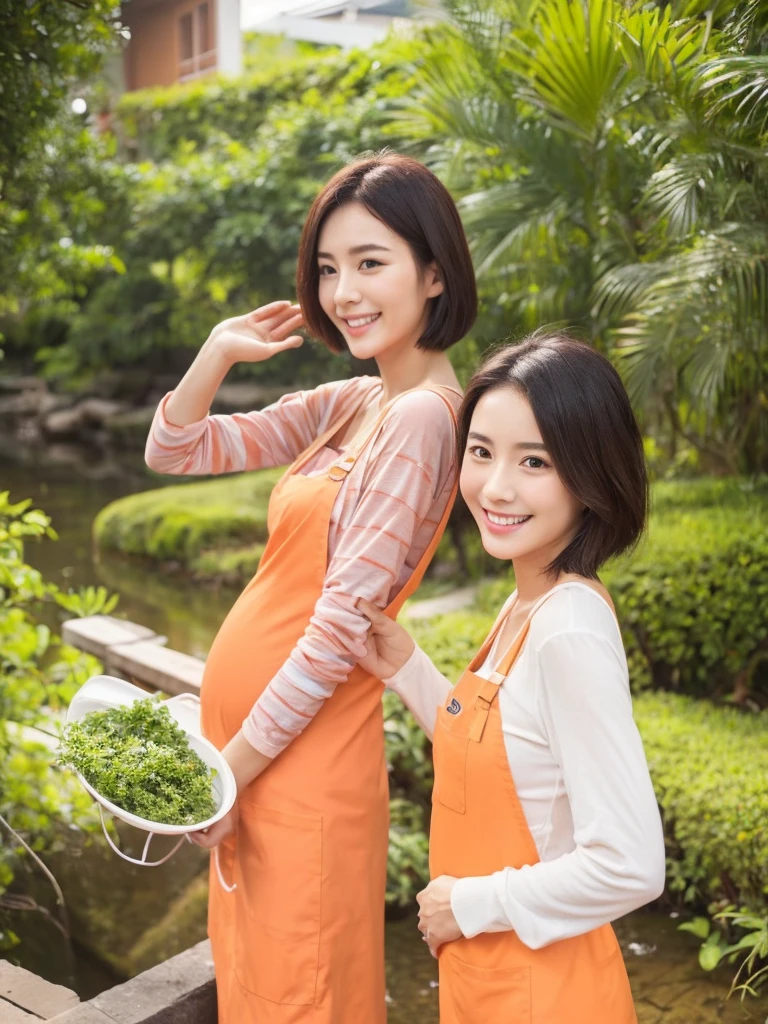 Two gentle and virtuous Chinese、Singapore、Japanese pregnant women、Super Beauty、short hair、Cooking by the creek,Wearing an orange apron,Wear a V-neck long-sleeved T-shirt inside,Holding up the spatula,Cooking,Beautiful woman showing charming smile、White Teeth,Makes women and men like it very much,Big breasts、Double eyelids,Focus、Ultra high definition,Proportionate body,Fair skin,Perfect shape of every body part,Require flawless work