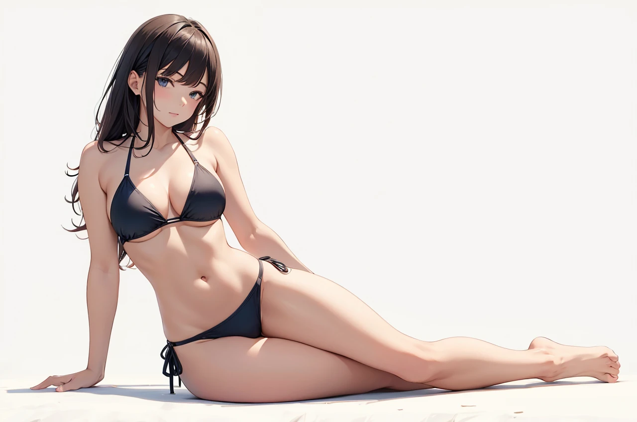  in a bikini laying down on her side with her arm for support poseing 
