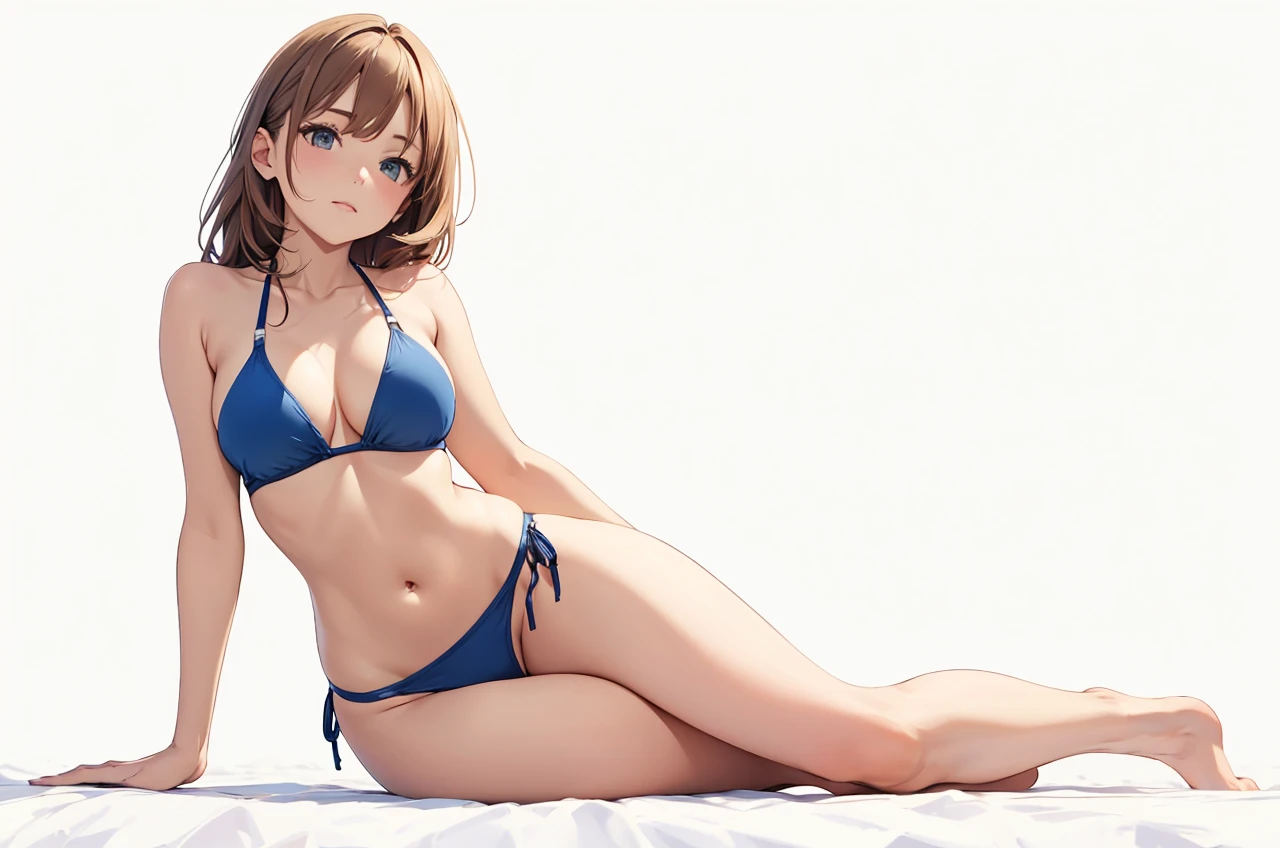 Alisa Ayase in a bikini laying down on her side poseing with her arm for support