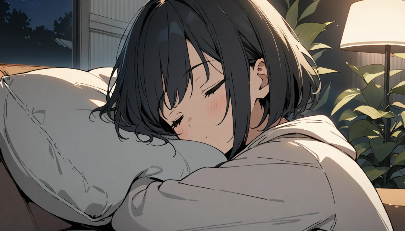 1girl, solo, , flat chest, short hair, black hair,, hoodie, upper body, ((masterpiece, illustration, best quality)) sleeping with her eyes closed at her room during nighttime in a suburban area surrounded by plants, laying at a couch, hugging a pillow