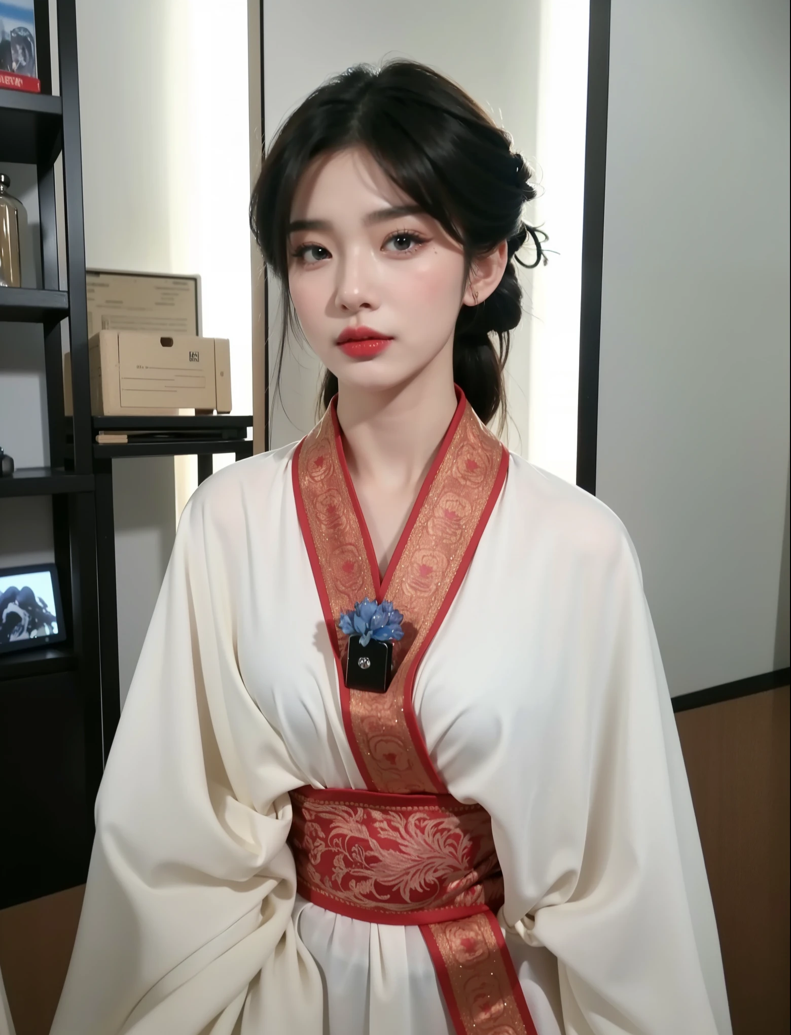 Realistic style,8K picture quality,Very detailed, Delicate face, Realistic style的照片, Stock Photography , rich and colorful, Surreal, Realistic textures, Dramatic Lighting, Distiller 800 (8K, original photo, Better quality, masterpiece: 1.2), Very detailed, (Extremely delicate skin: 1.2), 8K Ultra HD, SLR camera, Soft Light, high quality, 冰冻Queen, Queen, snow castle,Blue pupils,Apply red lipstick,Very delicate tattoo design,Jewelry,