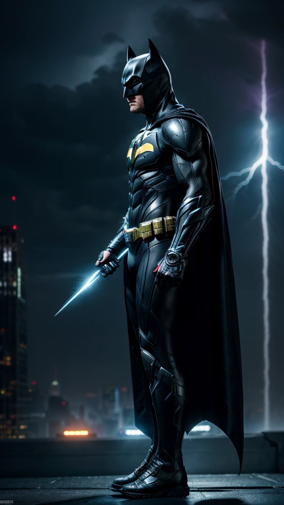 Masterpiece, best quality, NVIDIA RTX, sharp picture, ultra details, cinematic lightning, luminous cybernetic batman:1.3, perfect face details, proportional body, facial hair, cape blown by strong winds:1.3, perfect side view, ((full body)), epic lights reflections, Gotham
