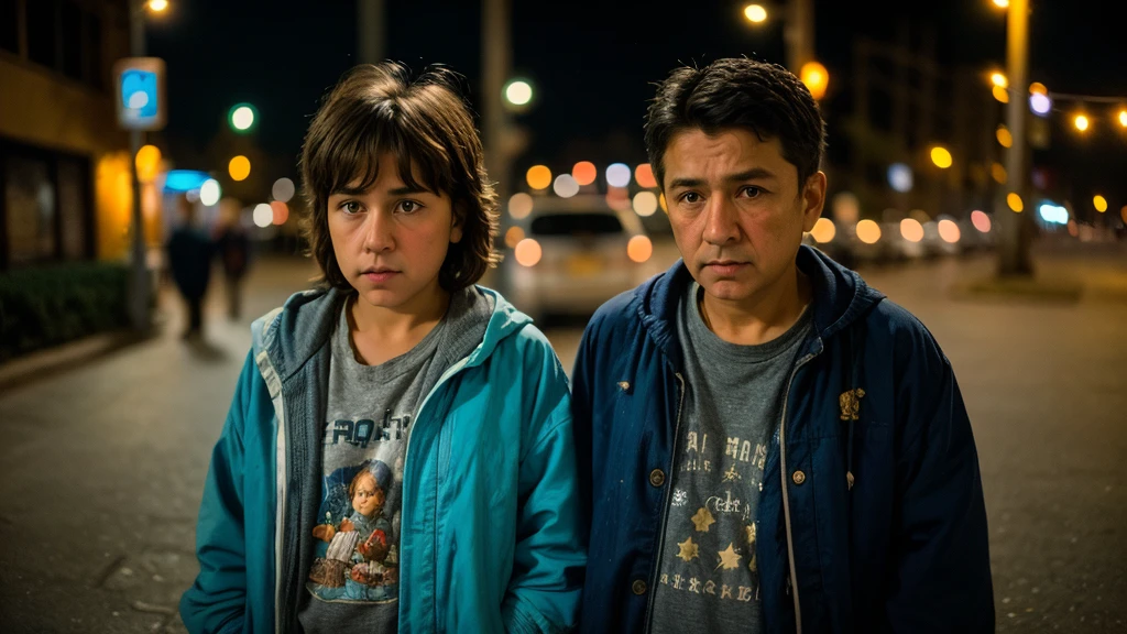 a sad 7-year-old male character in old clothes, and a 40-year-old female character on the street at night, realistic photography, 8k