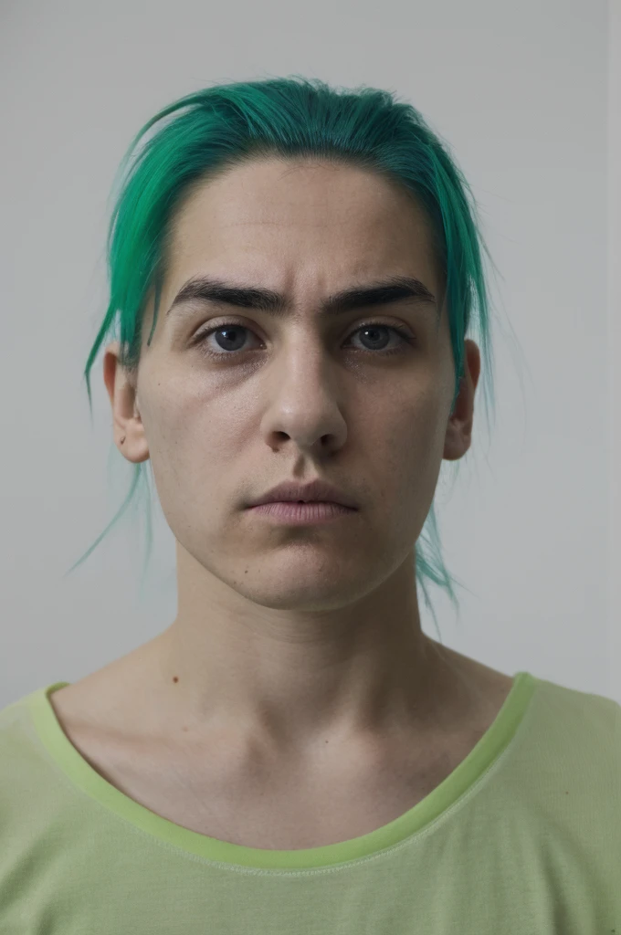 fluorescent green hair, Very short ponytail tied down , black eye, severe dark circles , droopy eyes, droopy eyes, offender , hospital patient clothes, psychopath , experiment , experiment체 ,Timid , dependent , heartless , night background , dark , Hikikomori , genderless , masculine , boy , man , Man , man 캐릭터 , unhappy , pitiful , pitiful , pale skin , man , man , man , skinny body , dry 