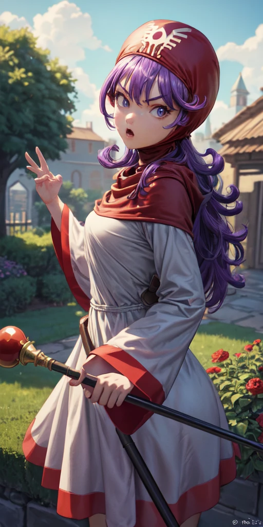 masterpiece, best quality, 4k, 8k, dqPom, red hood, purple hair, robe, cowboy shot, standing, holding staff, sky, garden, looking at viewer, from below, angry 