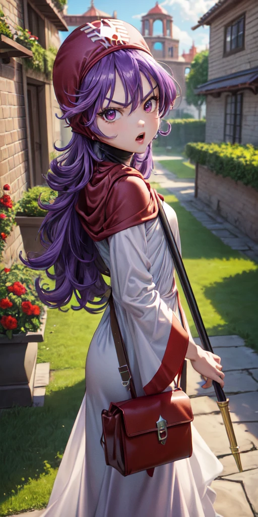 masterpiece, best quality, 4k, 8k, dqPom, red hood, purple hair, robe, cowboy shot, standing, holding staff, sky, garden, looking at viewer, from below, angry 