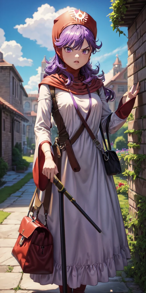 masterpiece, best quality, 4k, 8k, dqPom, red hood, purple hair, robe, cowboy shot, standing, holding staff, sky, garden, looking at viewer, from below, angry 