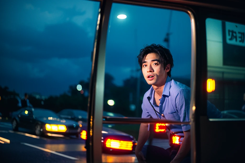 (RAW Photos,Highest quality,masterpiece:1.2),High-definition RAW color photos,Professional photos,(Realistically,Photo Real:1.37),Cinematic light,東京のnight中、A 30-year-old Japanese male office worker looks surprised,Sit in the back seat, car, cloudy day,night,rain, rainが窓を叩いた,都市のnight景,Neon Light, Medium shot scenes,Cinematic composition, Side light, interior