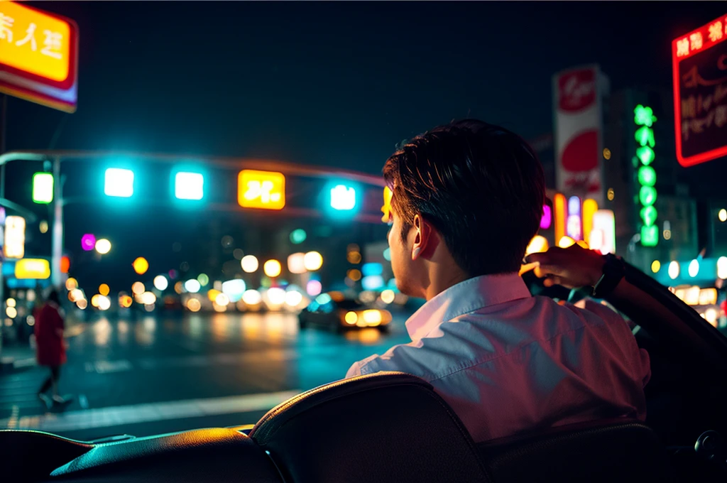 (RAW Photos,Highest quality,masterpiece:1.2),High-definition RAW color photos,Professional photos,(Realistically,Photo Real:1.37),Cinematic light,東京のnight中、A 30-year-old Japanese male office worker looks surprised,Sit in the back seat, car, cloudy day,night,rain, rainが窓を叩いた,都市のnight景,Neon Light, Medium shot scenes,Cinematic composition, Side light, interior
