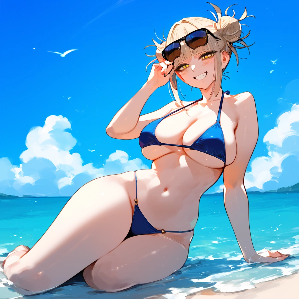 anime artwork, score_9, score_8_up, score_7_up, score_6_up, score_5_up, score_4_up, floox style    //////Himiko toga, big breasts, she is 24 years old, style_3, , , , naked, sunglasses, yellow eyes, solo, bikini , smile, , ass focus, sit on viewer