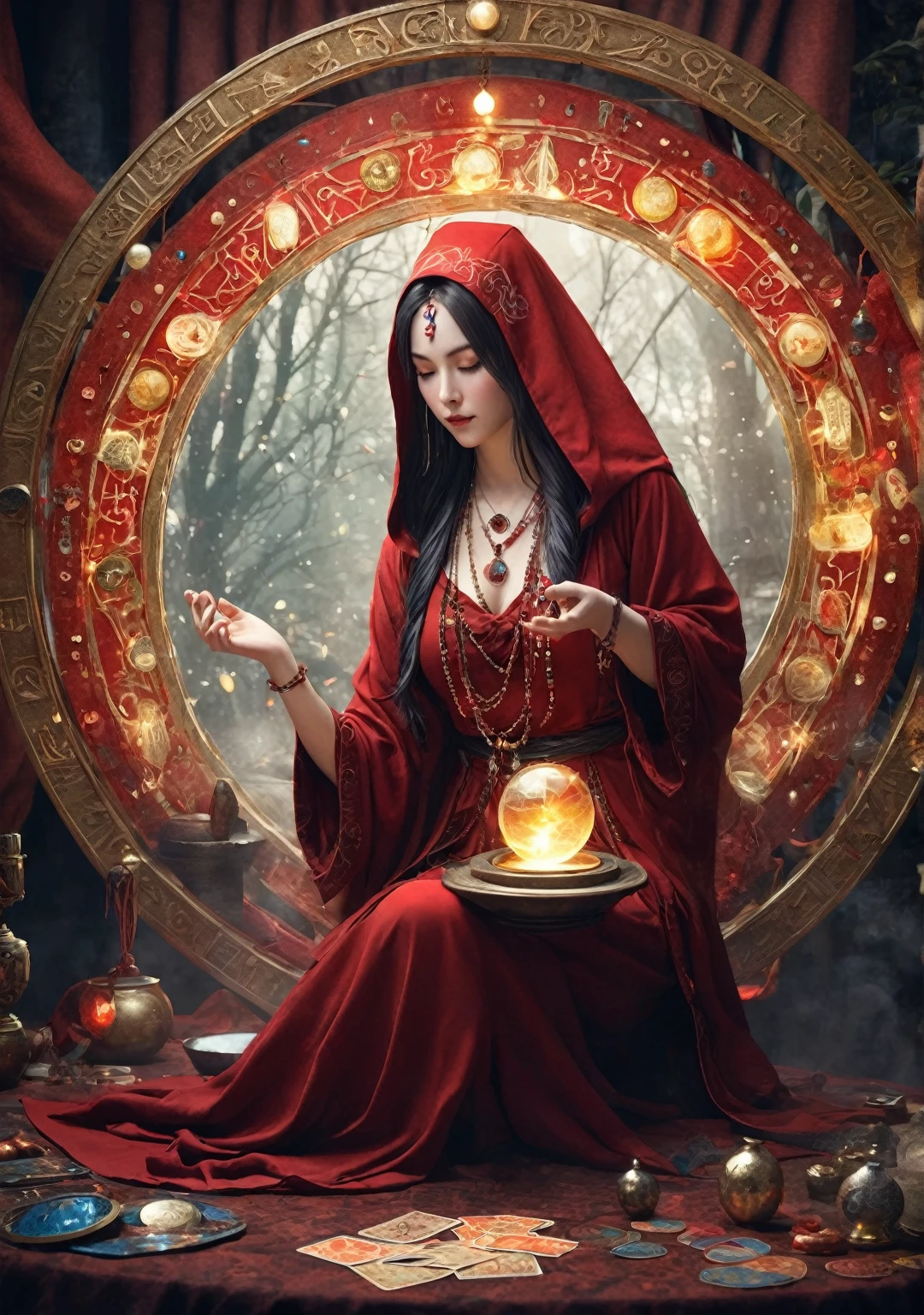 Best image quality, 4K or 8K resolution. Extremely detailed and realistic, Almost photorealistic. Female fortune teller. Body and face orientation: front. Charm, Beautiful and mysterious.onmyoji，Metal Photo Frame，card，tarot cards：1.37.A mysterious fortune teller wearing a red hood，Finger taps an array of tarot cards in the air，Mystical symbols and elements，Ancient and mysterious atmosphere，Realistic illustrations and intricate details，Vibrant and energetic composition，Dark Style，Gothic style