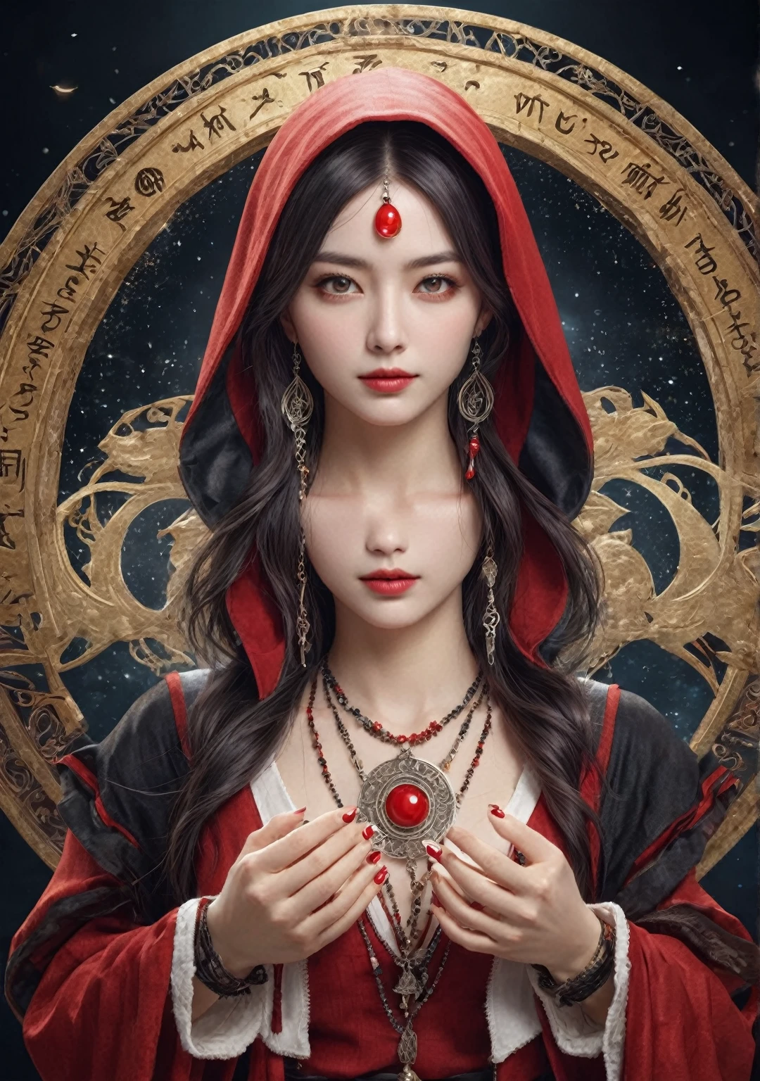 Best image quality, 4K or 8K resolution. Extremely detailed and realistic, Almost photorealistic. Female fortune teller. Body and face orientation: front. Charm, Beautiful and mysterious.onmyoji,Metal Photo Frame,card,tarot cards:1.37.A mysterious fortune teller wearing a red hood,Finger taps an array of tarot cards in the air,Mystical symbols and elements,Ancient and mysterious atmosphere,Realistic illustrations and intricate details,Vibrant and energetic composition,Dark Style,Gothic style