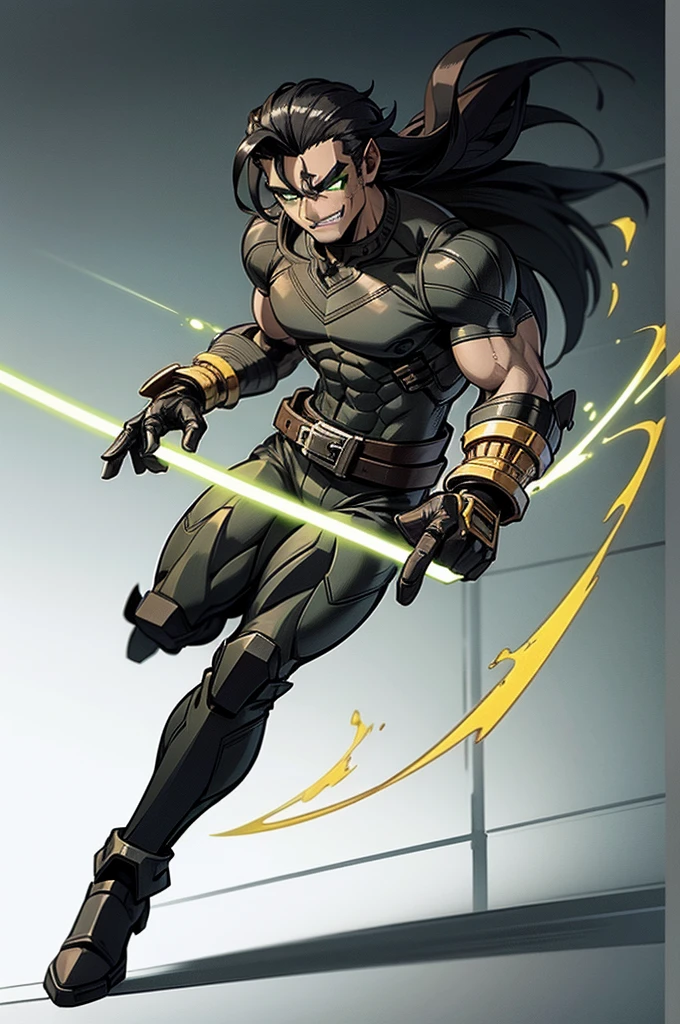 Male half Orc Barbarian, toned muscles is defined, full Body Art, Topaz Eyes, Black long Hair, Green Skin, full body leather clothes, leather boots, leather gloves, heavy shirt.