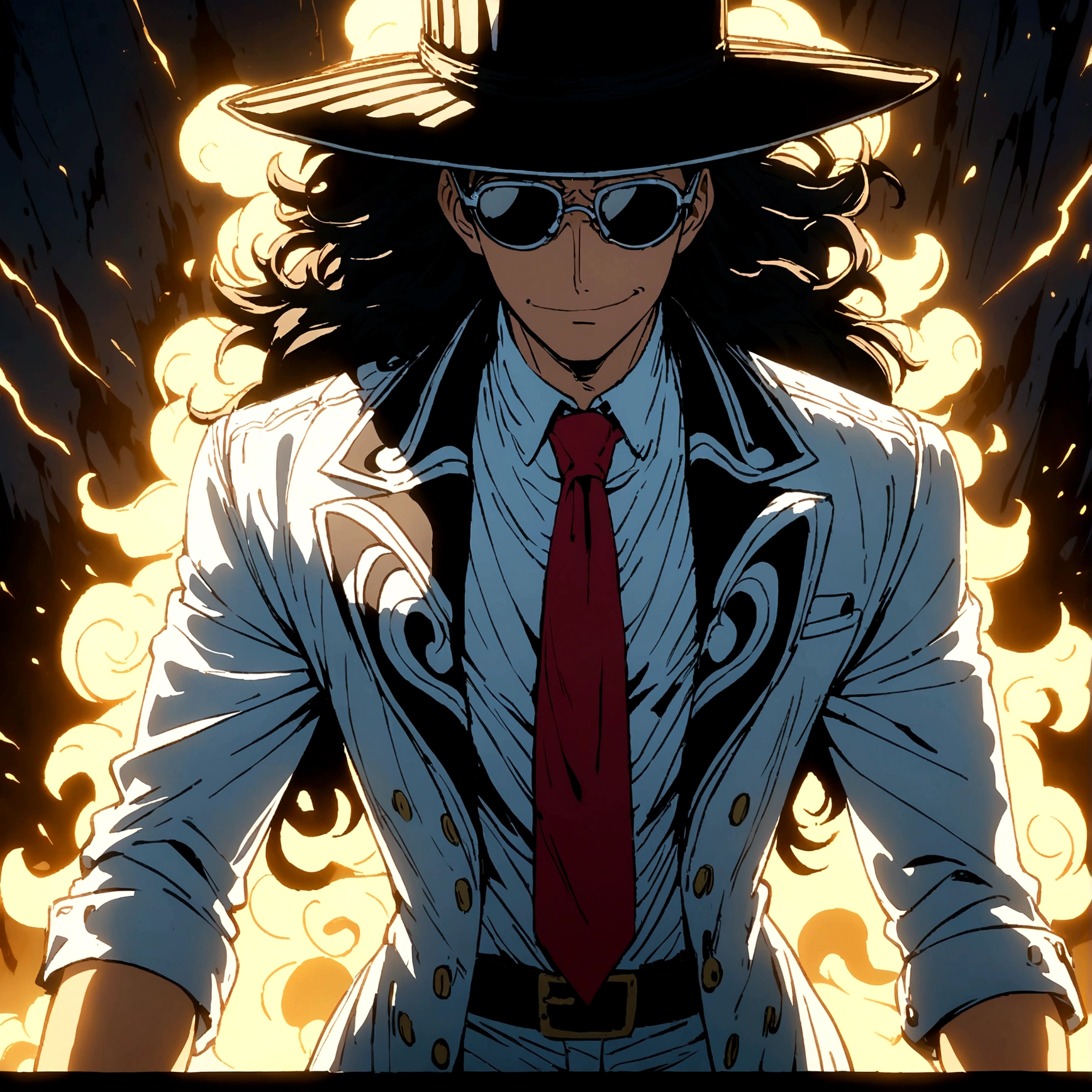 Man, Slim and defined body, Long messy hair, White suit, Red tie, Black hat, Sunglasses, Light beard, Black gloves, Stressed smile, Anime features inspired by ONE PIECE, bathed in drama, amazing lighting, infused with creative details, ultra-fine 2D drawing, amazing scenery, bathed in creativity, boasting anime resolution clarity, anime graphics, high-octane rendering