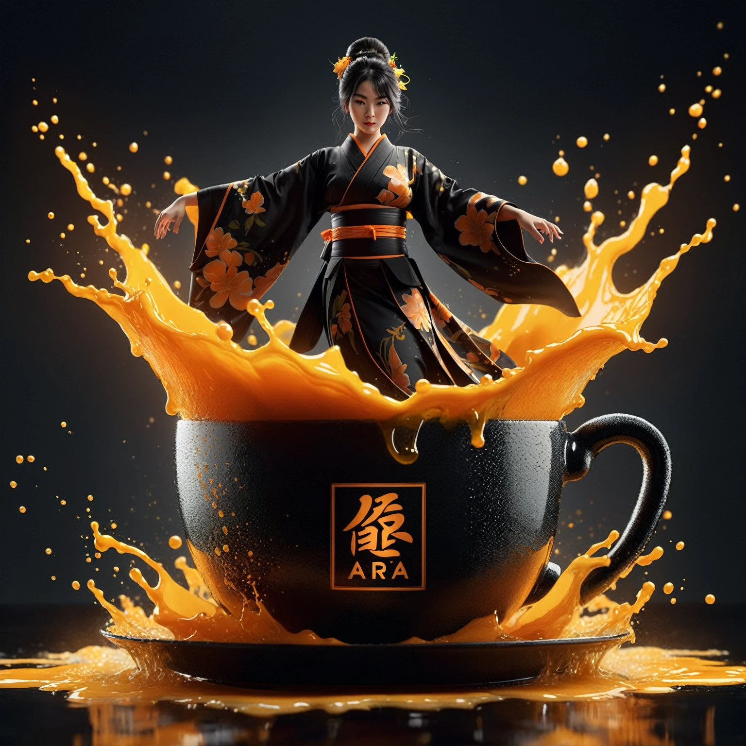 close up shot of a cup of orange juice with an asian woman wearing a black kimono dancing on it, facing the camera, front view, on a dramatic shiny black table flooded with orange juice, there is the word "Ara" on the cup, very realistic splashes of orange juice, slow high speed photography, drinking more coffee, illustrations, promo art, award winners, octane renders, amazing drink illustrations, low lighting, photorealistic, ultra realism, realistic human, 16k