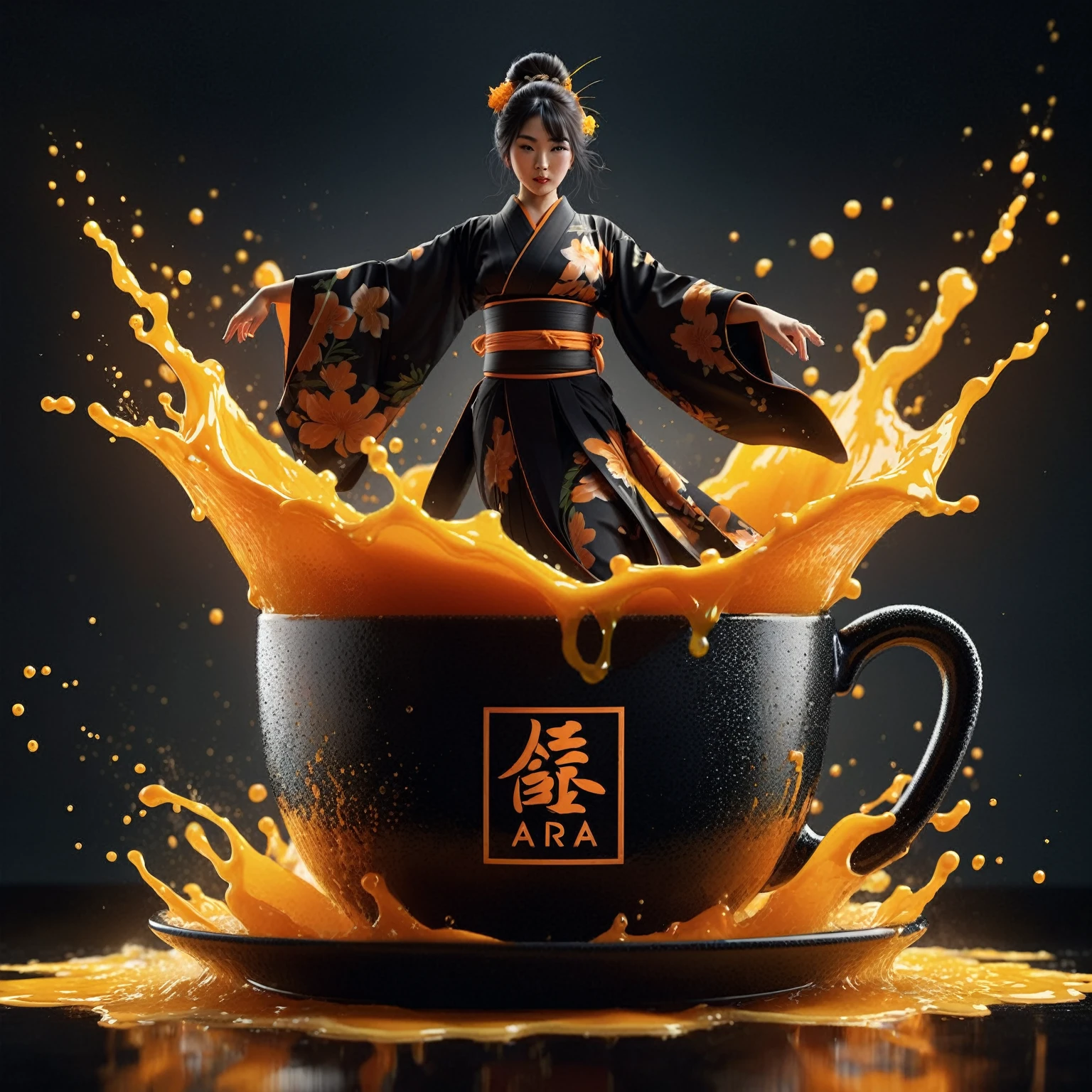 close up shot of a cup of orange juice with an asian woman wearing a black kimono dancing on it, facing the camera, front view, on a dramatic shiny black table flooded with orange juice, there is the word "Ara" on the cup, very realistic splashes of orange juice, slow high speed photography, drinking more coffee, illustrations, promo art, award winners, octane renders, amazing drink illustrations, low lighting, photorealistic, ultra realism, realistic human, 16k