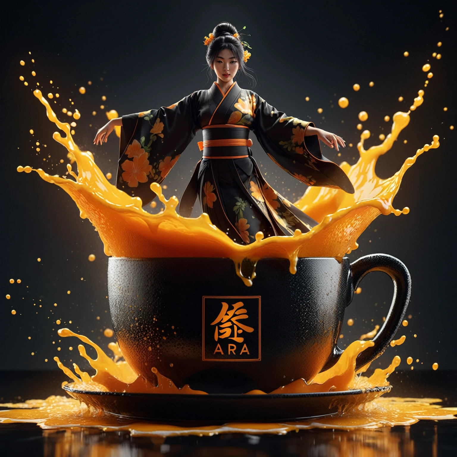 close up shot of a cup of orange juice with an asian woman wearing a black kimono dancing on it, facing the camera, front view, on a dramatic shiny black table flooded with orange juice, there is the word "Ara" on the cup, very realistic splashes of orange juice, slow high speed photography, drinking more coffee, illustrations, promo art, award winners, octane renders, amazing drink illustrations, low lighting, photorealistic, ultra realism, realistic human, 16k