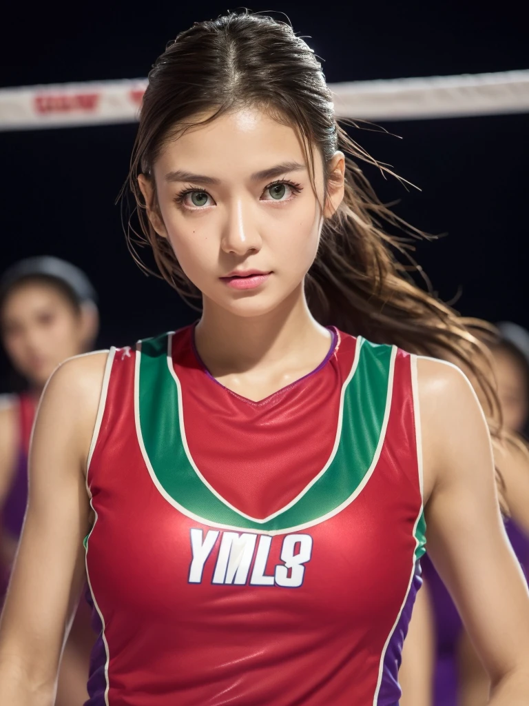top-quality、masterpiece、超A high resolution、(Photorealsitic:1.4)、Raw photo、1 japanese girl in、glowy skin、(natural make up:1.4)、Pink lips、((super realistic details))、portlate、globalillumination、Shadow、octan render、8K、ultrasharp、((delicate body shape))、Short-cut hair、(Red sleeveless uniform of volleyball team:1.3)、((large full breasts:1.2))、(skin tanned:1.4)、japanes、highly intricate detail、Realistic light、Metal shine、CGSoation Trends、(radiant eyes)、Facing the camera、neon details、Cyberpunk background、Small LED lamp、(Purple and green lighting from behind)、(Volleyball 1 time:1.4)、Volleyball court background、