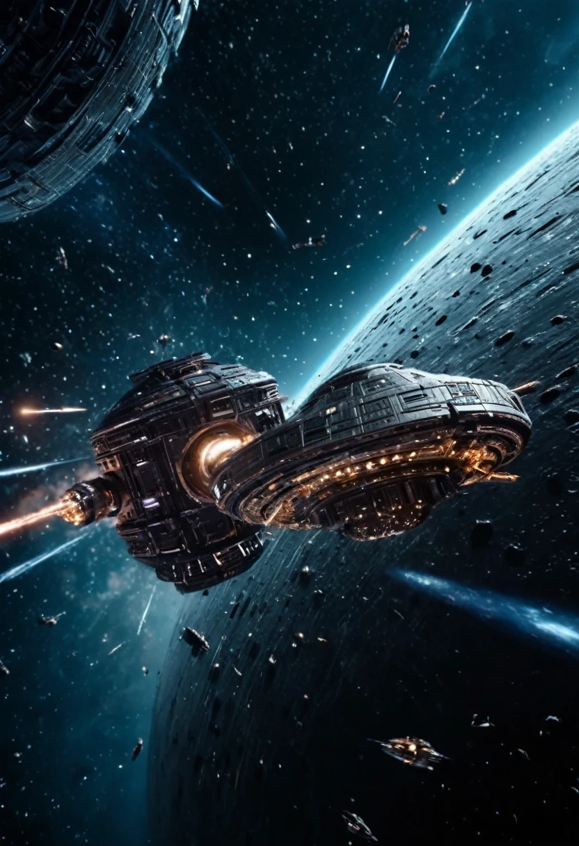(Space War), sci-fi style, a metallic spacecraft is passing through a wormhole, with unknown galaxies shining in the distance. Enemy ships are still chasing behind, with stars and wormholes in the background, (panoramic view), award-winning, cinematic still, emotional, vignette, dynamic, vivid, (masterpiece, best quality, Professional, perfect composition, very aesthetic, absurdres, ultra-detailed, intricate details:1.3)