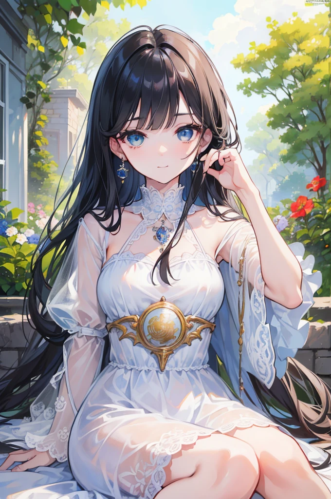 (masterpiece),(Top quality),(Extremely detailed),(high resolution),(8K Animation),(Beautiful and delicate face),(Beautiful and delicate eyes),(Anatomically correct),(Keep your head small),1 Girl,Black Hair,Long hair,(Big round eyes),Bangs,[Lavender-colored eyes:(blue eyes):0.55],A gentle smile,White Dress,(Garden),Soft sunlight,Tea
