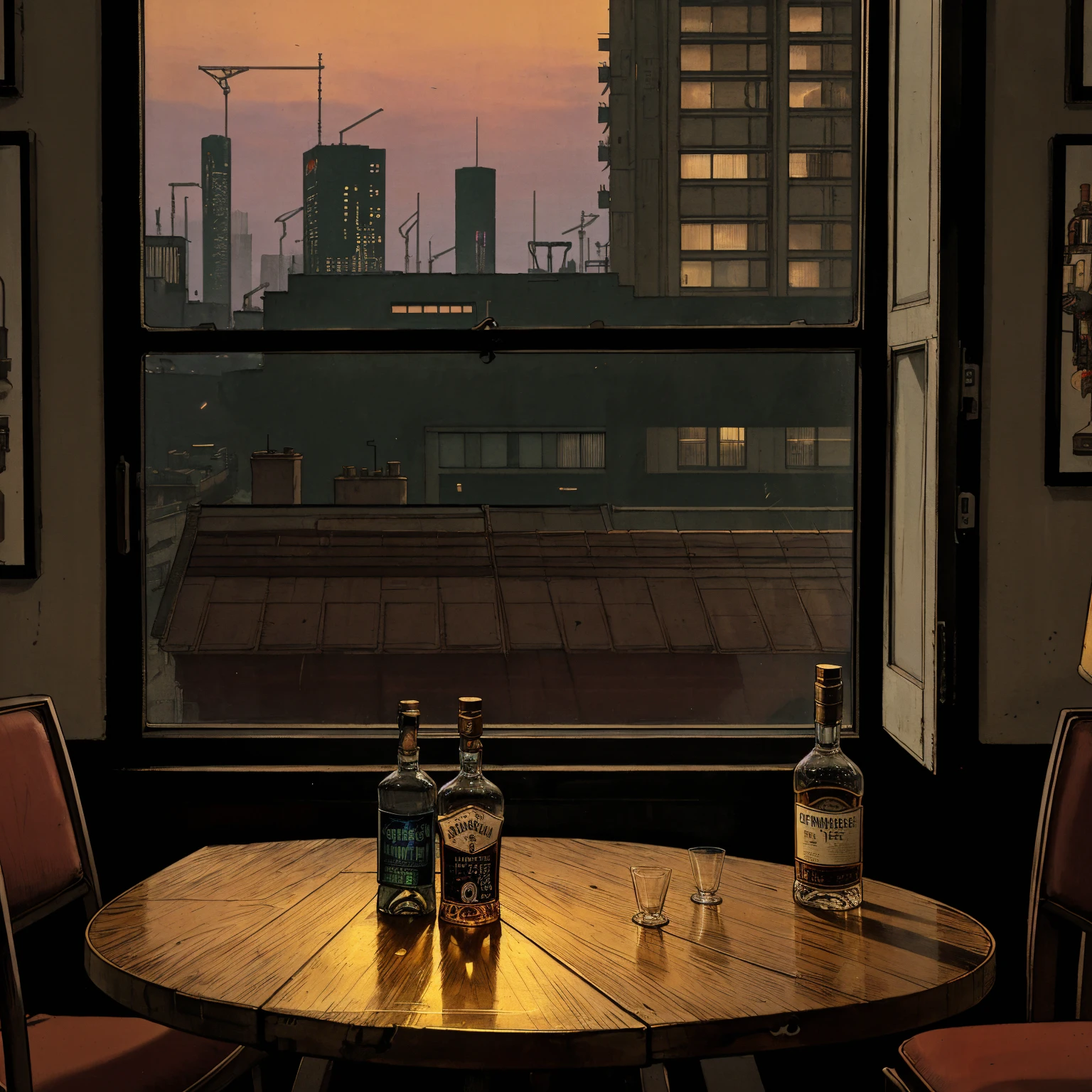(masterpiece), (cyberpunk living room), (indoor), (window), (dusk), (cyberpunk city), (realistic illustration), (cinematic), (looking out the window), (single liquor bottle), (single whiskey glass on table), (a 90s stereo)
