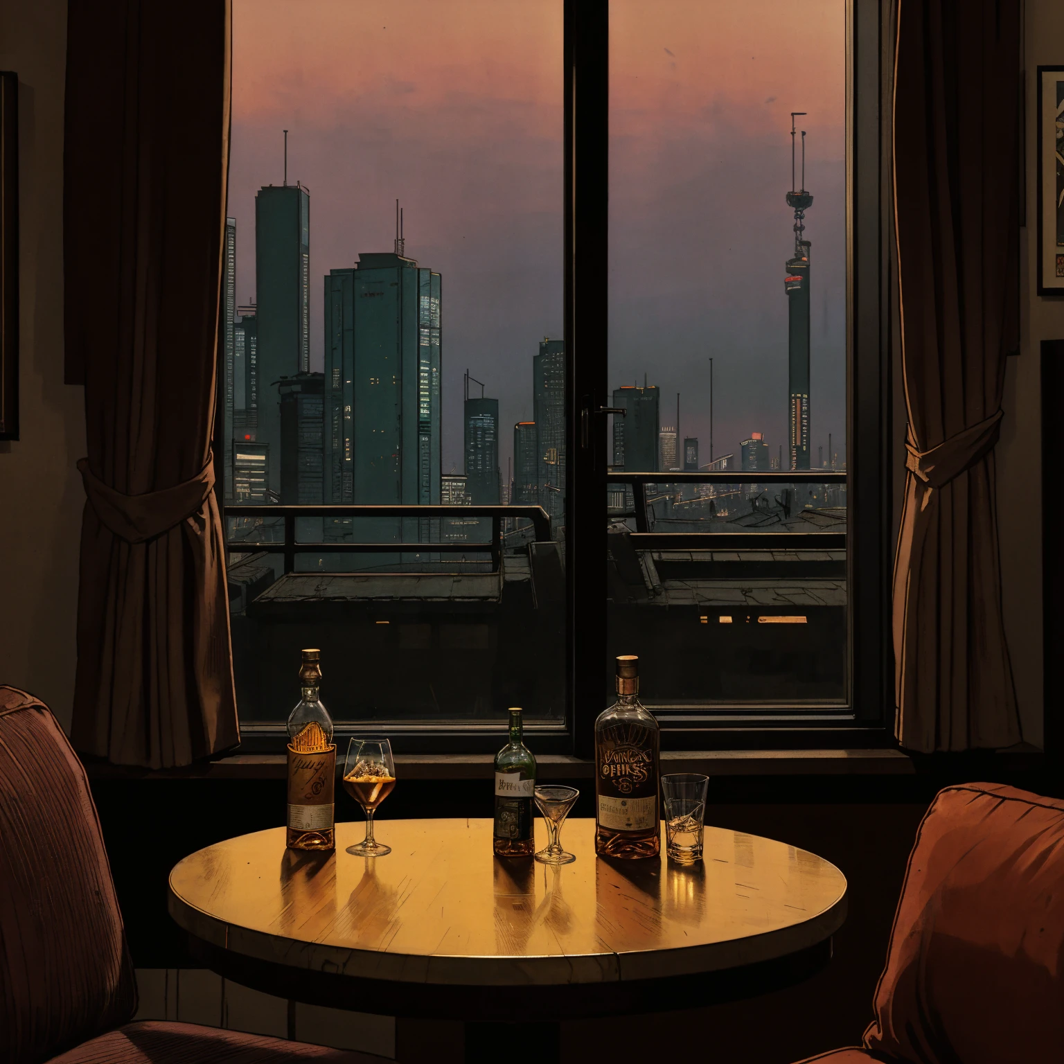 (masterpiece), (cyberpunk living room), (indoor), (window), (dusk), (cyberpunk city), (realistic illustration), (cinematic), (looking out the window), (single liquor bottle), (single whiskey glass on table), (a 90s stereo)