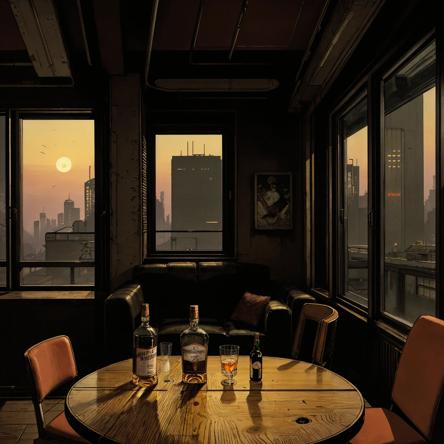 (masterpiece), (cyberpunk living room), (indoor), (window), (dusk), (cyberpunk city), (realistic illustration), (cinematic), (looking out the window), (single liquor bottle), (single whiskey glass on table), (a 90s stereo)