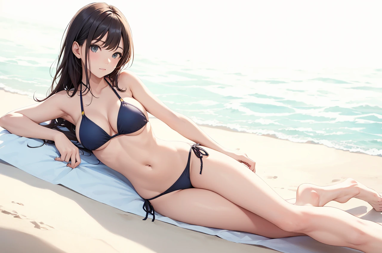 in a bikini laying down on her side with her arm for support poseing