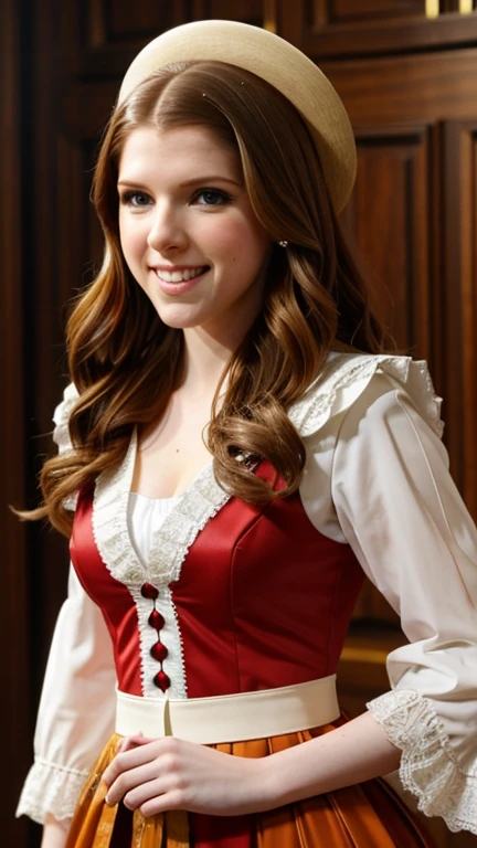 Anna Kendrick dressed in traditional Dutch clothing and a sexy smile