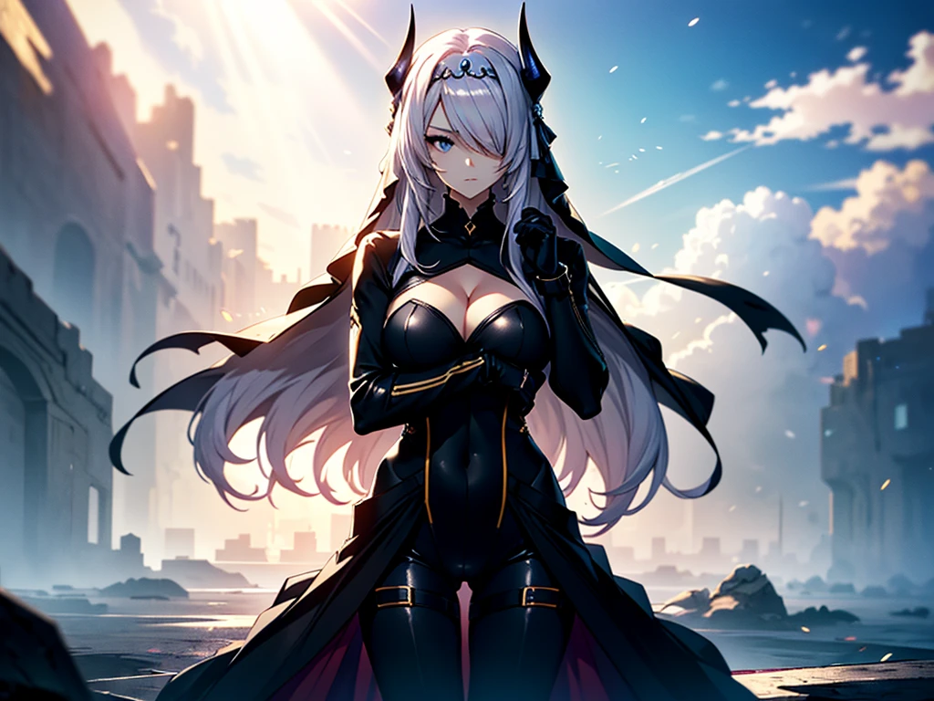 (full body),masterpiece，Highest quality, Cowboy Shot，Kung Fu Pose，Beautiful and exquisite body,Horn, tiara, Veil,(A body-hugging enamel bodysuit，Rubber Suit， Black bodysuit, Scapula, Long sleeve, Cleavage cutout, Black gloves, Black overskirt, Black trousers)，Show me your boots，leotard，elegant, 1 Girl, cute, Beautiful Eyes, Beautiful background, Particles of light, Light of the sun, Dramatic lighting, outside, Shiny, Realistic,  Highest quality, Very detailed, Get used to it, scenery, Beautiful and exquisite, Thin Hair，