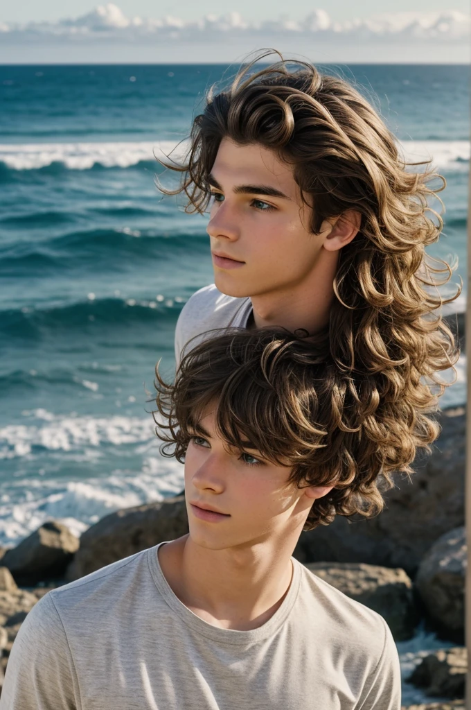 Casual photo of a realistic boy, handsome 16 year old, with wavy hair, what a wide view, and white 