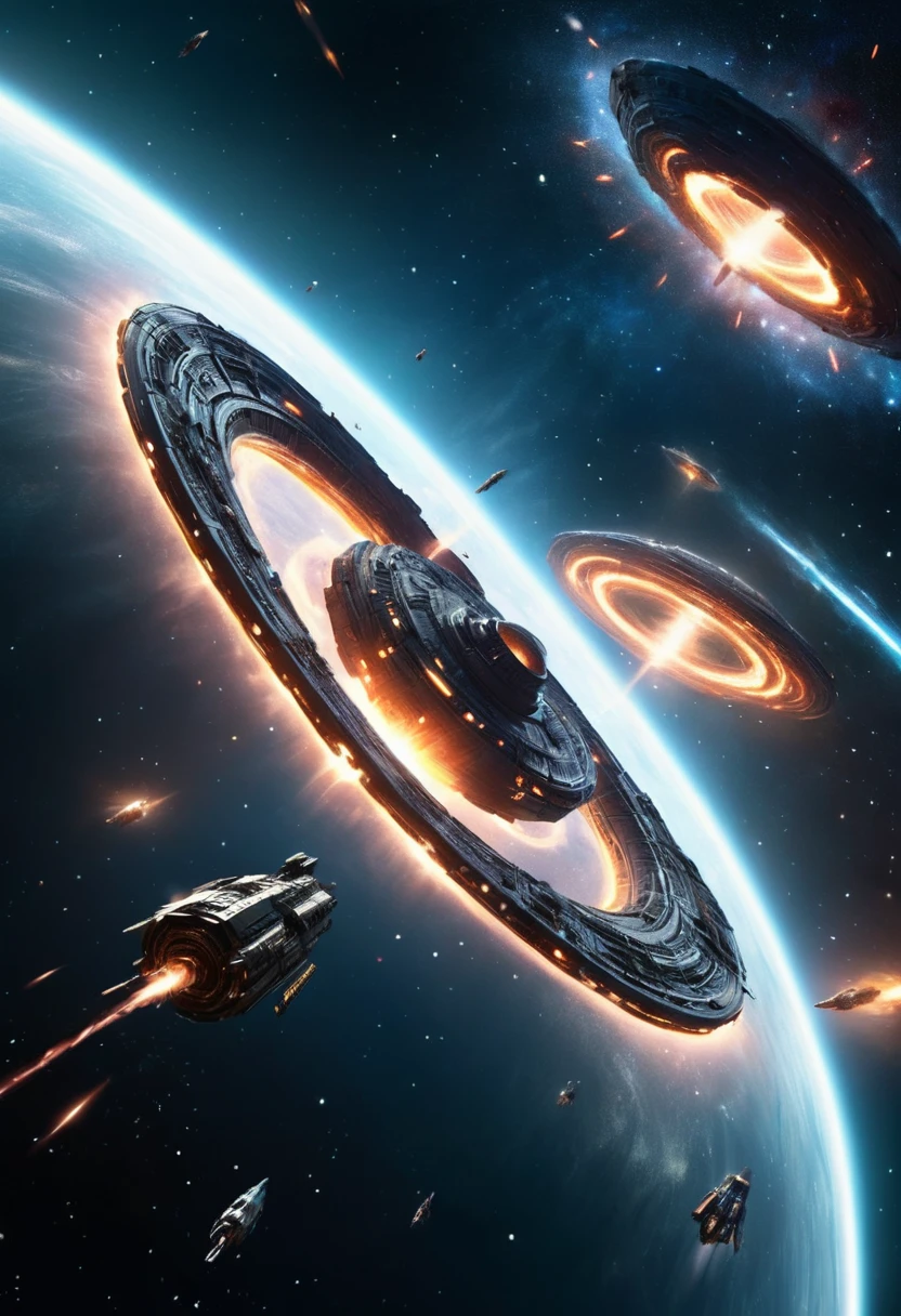 (Space War), sci-fi style, a metallic spacecraft is passing through a wormhole, with unknown galaxies shining in the distance. Enemy ships are still chasing behind, with stars and wormholes in the background, (panoramic view), award-winning, cinematic still, emotional, vignette, dynamic, vivid, (masterpiece, best quality, Professional, perfect composition, very aesthetic, absurdres, ultra-detailed, intricate details:1.3)