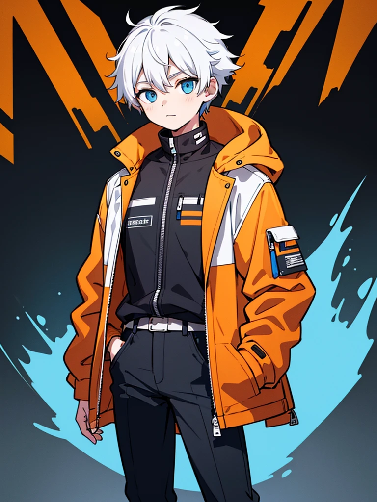 1boy, solo, blue eyes, (detailed eyes), white hair, hair between eyes, (goggles in his head), (waterproof jacket), large jacket, (orange jacket), black shirt, pants, gray pants, standing, (hands in pockets), (((Closed jacket))), upper body, (white background), Transparent background, looking at viewe, ((masterpiece, illustration, best quality)) 