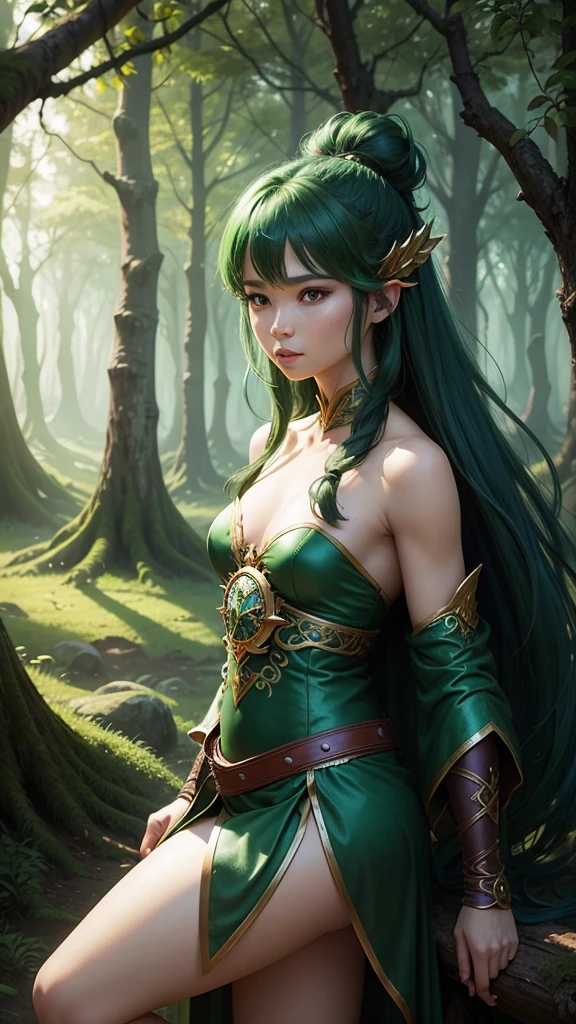 An enchanted warrior who uses magic in the emerald forest. Wide view. See the scenery.