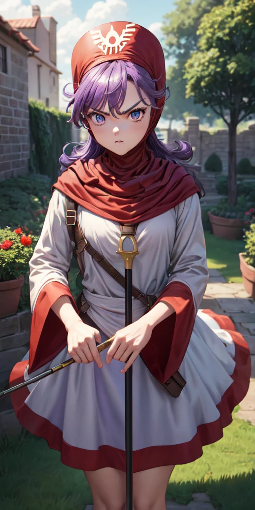 masterpiece, best quality, 4k, 8k, dqPom, red hood, purple hair, robe, cowboy shot, standing, holding staff, sky, garden, looking at viewer, from below, angry