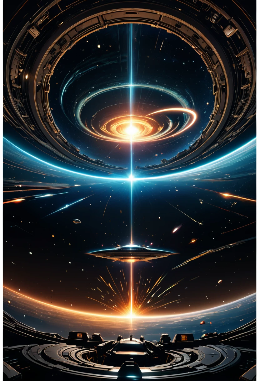 (Space War), sci-fi style, a metallic spacecraft is passing through a wormhole, with unknown galaxies shining in the distance. Enemy ships are still chasing behind, with stars and wormholes in the background, (panoramic view), award-winning, cinematic still, emotional, vignette, dynamic, vivid, (masterpiece, best quality, Professional, perfect composition, very aesthetic, absurdres, ultra-detailed, intricate details:1.3)