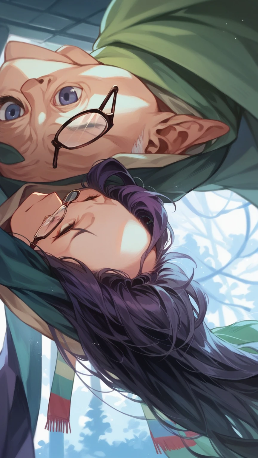 masterpiece, best quality, an old woman with glasses and a scarf on, wearing a purple coat and green scarf, standing at the park