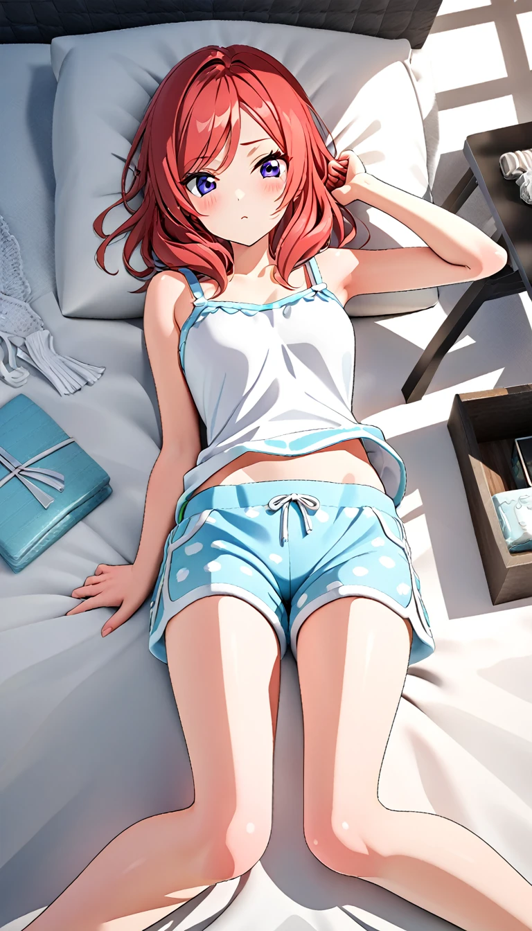 One girl, Nishikino Maki, wearing a thin plain white tank top, pajama shorts, posing on a bed in a bedroom, no objects on the bed, BREAK (masterpiece, top quality, high resolution, ultra detailed, (ultra detailed skin: 1.3), (ultra detailed hair: 1.3), (perfect anatomy: 1.5), (perfect anatomy: 1.5), (beautiful eyes, 5 fingers: 1.3), (highly detailed face and skin texture: 1.3), (crisp details), {background blur: 1.3}, (perfect lighting), high resolution CG, Unity 8k wallpaper, official art, (full body composition: 1.22), (character focus: 1.22), (blush: 1.22), (upward glance: 1.22), 3D rendering, conceptual art, sharp sketch, id_maki_nishikino