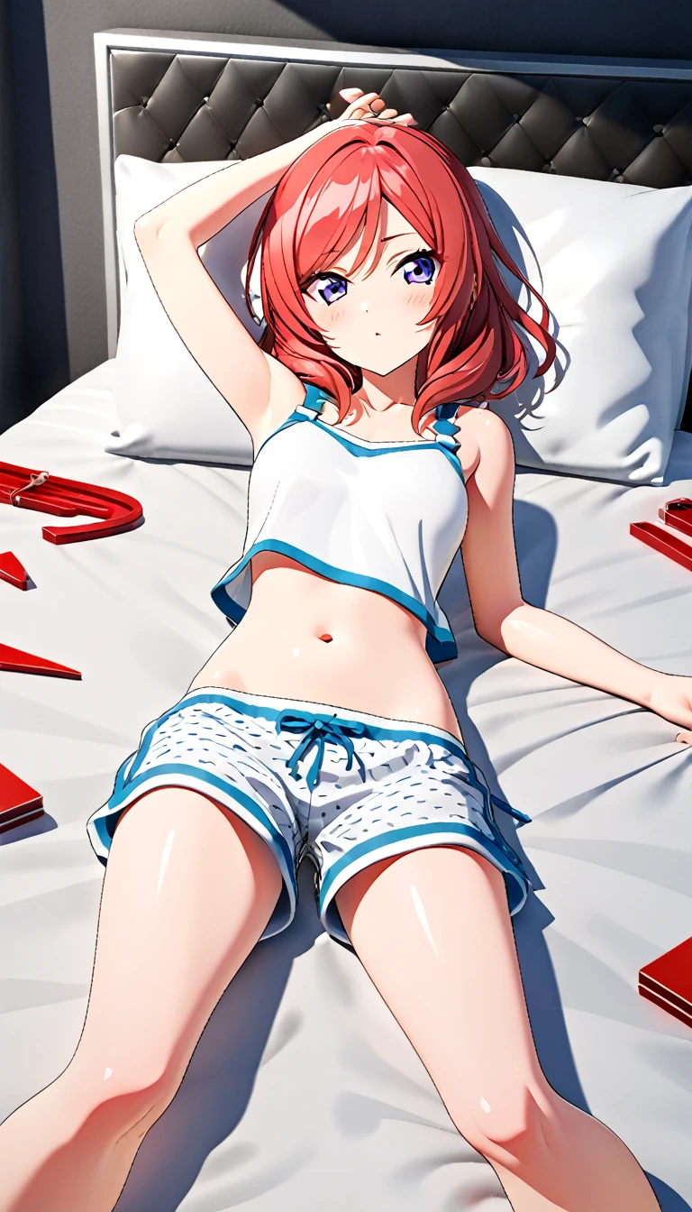 One girl, Nishikino Maki, wearing a thin plain white tank top, pajama shorts, posing on a bed in a bedroom, no objects on the bed, BREAK (masterpiece, top quality, high resolution, ultra detailed, (ultra detailed skin: 1.3), (ultra detailed hair: 1.3), (perfect anatomy: 1.5), (perfect anatomy: 1.5), (beautiful eyes, 5 fingers: 1.3), (highly detailed face and skin texture: 1.3), (crisp details), {background blur: 1.3}, (perfect lighting), high resolution CG, Unity 8k wallpaper, official art, (full body composition: 1.22), (character focus: 1.22), (blush: 1.22), (upward glance: 1.22), 3D rendering, conceptual art, sharp sketch, id_maki_nishikino