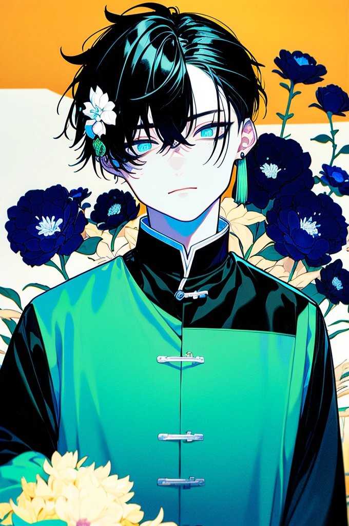 fluorescent green hair, Very short ponytail tied down , black eye, severe dark circles , droopy eyes, droopy eyes, offender , hospital patient clothes, psychopath , experiment , experiment체 ,Timid , dependent , heartless , night background , dark , Hikikomori , genderless , masculine , boy , man , Man , man 캐릭터 , unhappy , pitiful , pitiful , pale skin , man , man , man