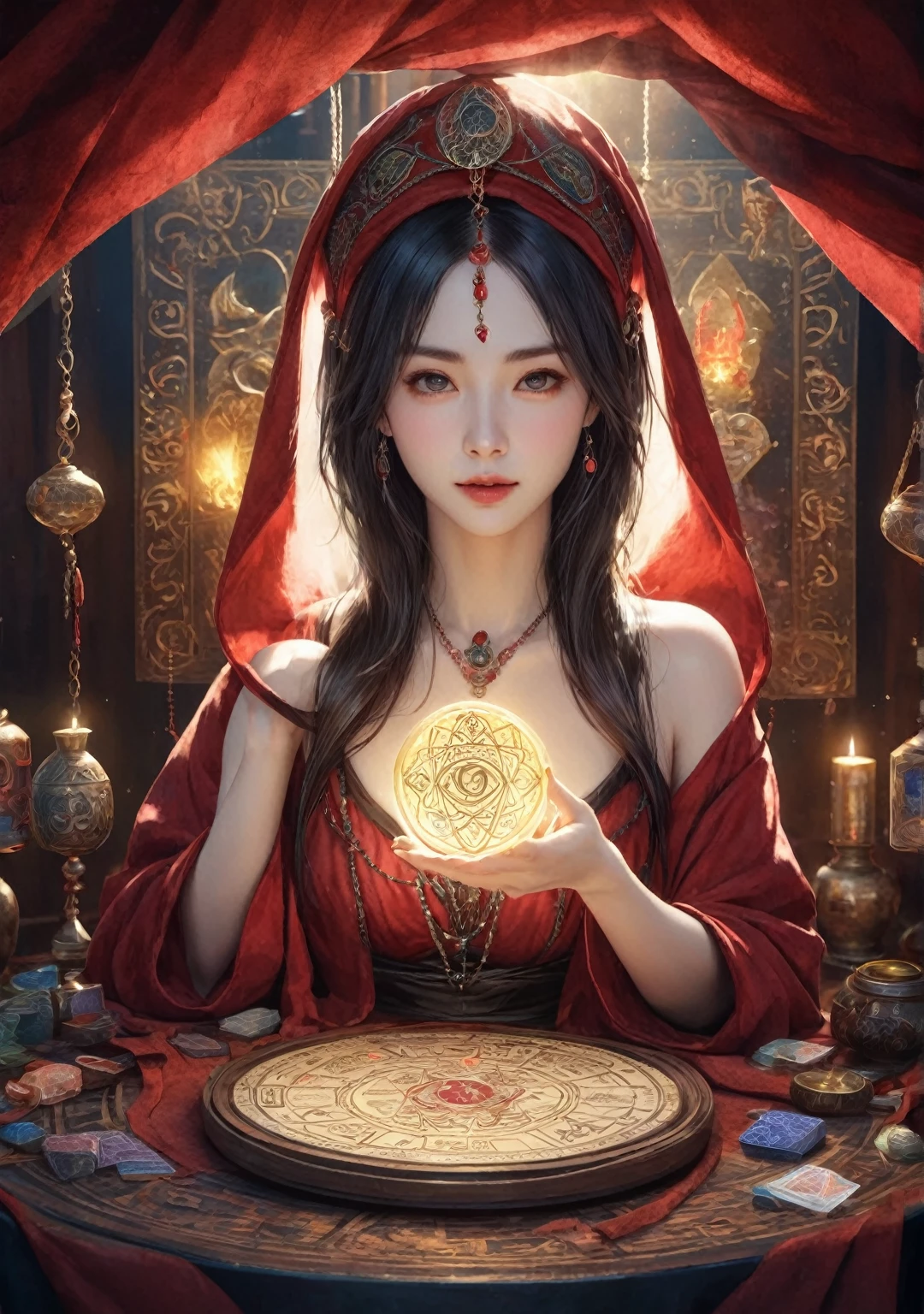 Best image quality, 4K or 8K resolution. Extremely detailed and realistic, Almost photorealistic. Female fortune teller. Body and face orientation: front. Charm, Beautiful and mysterious.onmyoji,Metal Photo Frame,card,tarot cards:1.37.A mysterious fortune teller wearing a red hood,Finger taps an array of tarot cards in the air,Mystical symbols and elements,Ancient and mysterious atmosphere,Realistic illustrations and intricate details,Vibrant and energetic composition,Dark Style,Gothic style