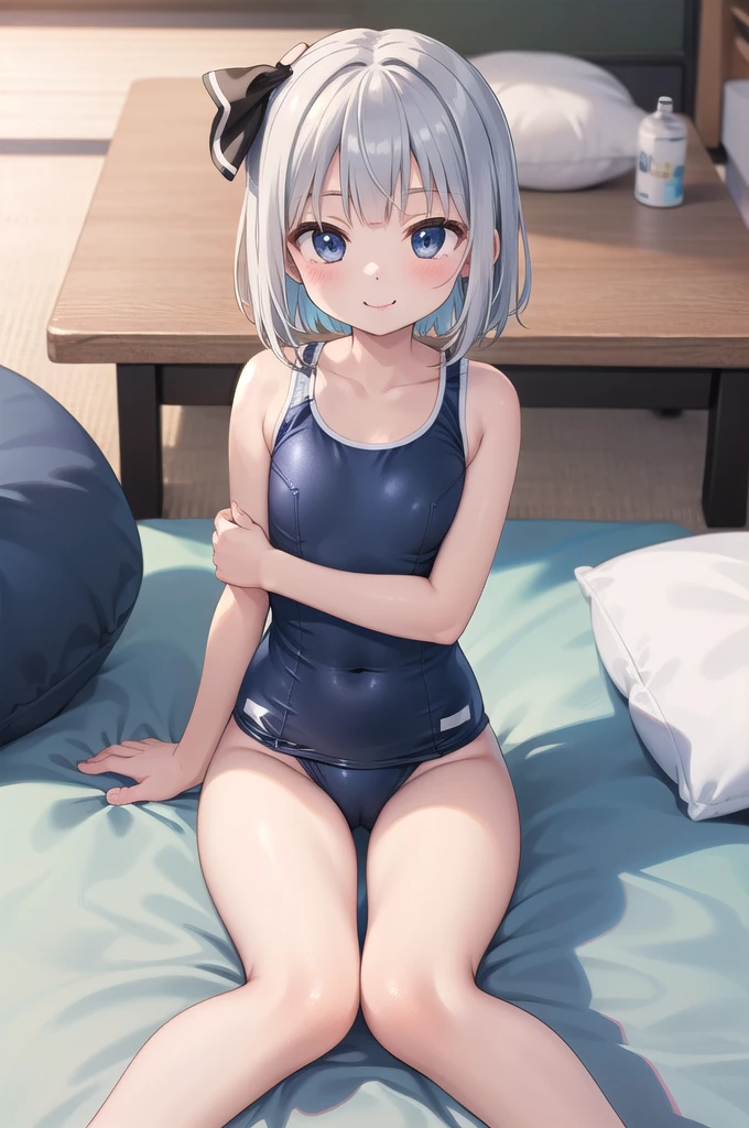 (((((whole body)))))、Youmu,Navy blue one-piece school swimsuit 、smile,、Cowboy Shot、Sitting on a futon、With legs apart、